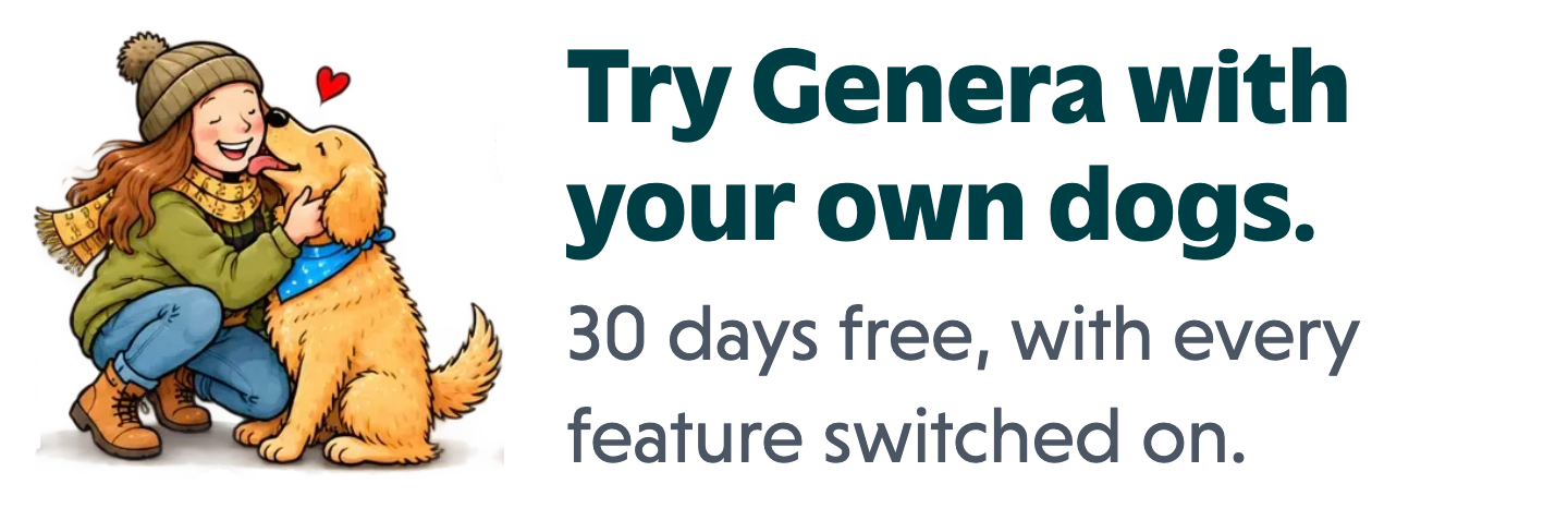 Sarah hugging a golden retriever, next to a note: try Genera with your own dogs, 30 days free with every feature switched on.