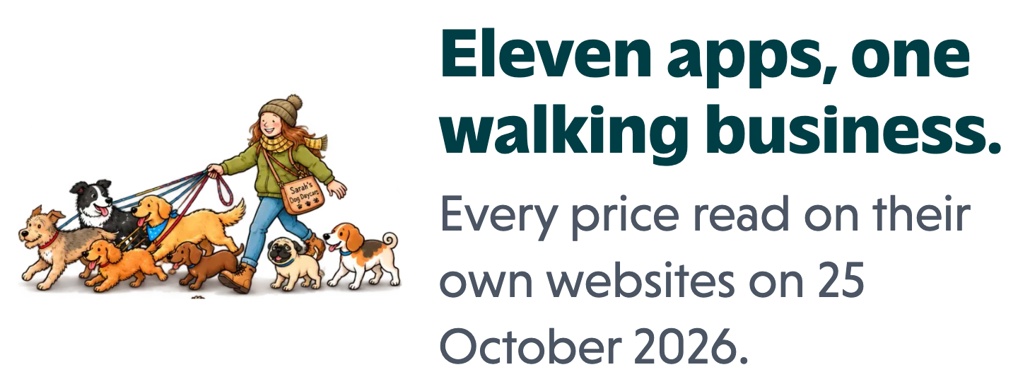 Sarah walking a pack of dogs, next to a note: eleven apps, one walking business.