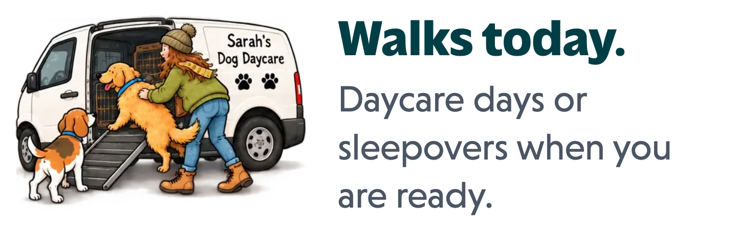 Sarah loading dogs into a van, next to a note: walks today, daycare or sleepovers when you are ready.